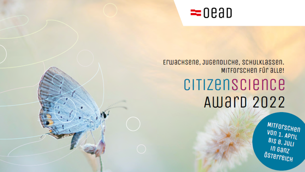 Ein Schmetterling sitzt auf einer Blume. Text: Citizen Science Award 2022 