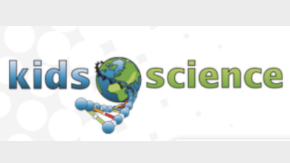 Logo Kids and Science - DNA Strang umschlingt eine Weltkugel, alles als Comic gezeichnet
