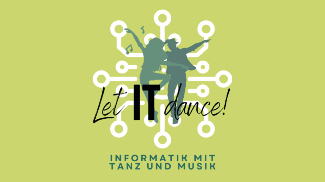 Let IT Dance mit Bild Pictogramm von zwei tanzenden Personen mit IT Verlinkungen im Hintergrund
