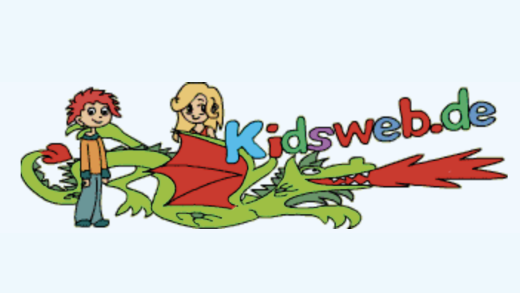 Logo Kidsweb mit gezeichneten Kindern und einem Drachen