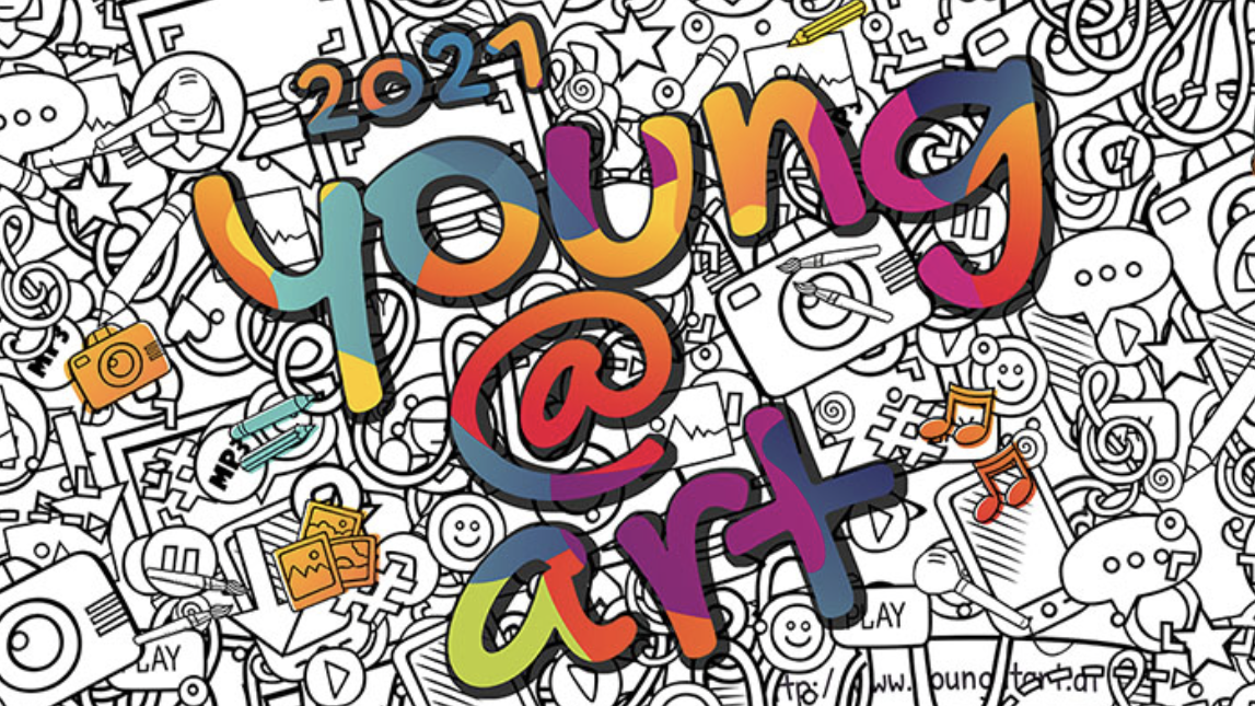 Großer Schriftzug "Young at Art" vor einem Hintergrund mit gezeichneten Comics