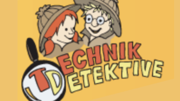 Logo Technikdetektive - Zwei Kinder in Detektivkleidung, als Comic gezeichnet