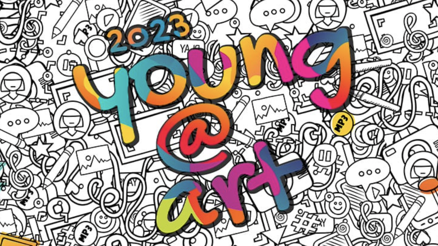 Titelbild: Schriftzug "young @ art 2023" in bunt auf einem gedoodelten schwarz-weiß Hintergrund
